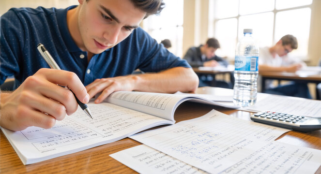 Male student solving math problems and writing notes in a notebook. Young man studying for an exam with a calculator in a classroom