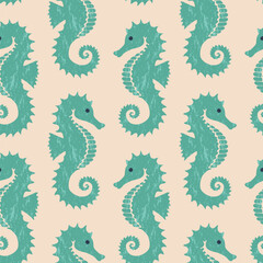 Obraz premium Seamless pattern with seahorses in linocut style with grain texture in ocean theme and soft coastal colors