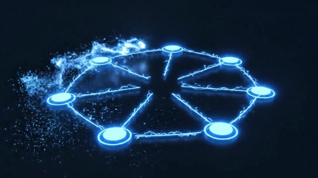 4K energetic circular flowchart animation with 7 steps, vibrant blue electric lines, dynamic pulses moving between nodes, glowing particles, fast-paced transitions, modern tech style, dark background,