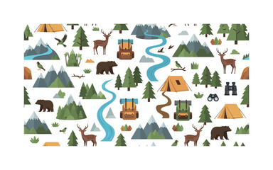 Fototapeta premium green tourism motifs seamless pattern, repeating pattern, surface design, textile print, modern illustration of forests, mountains, rivers, wildlife, tents,