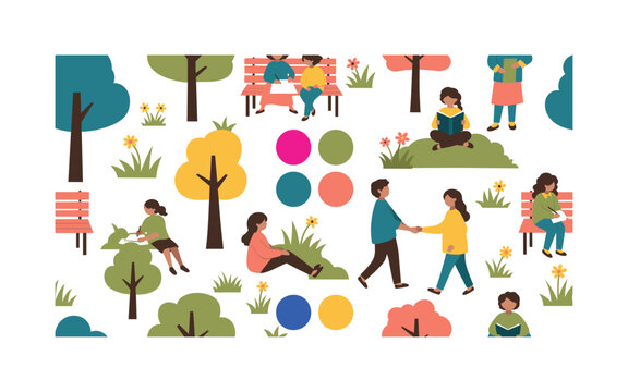 mindful kids patterns seamless pattern, repeating pattern, surface design, textile print, modern illustration of children sitting, drawing, reading, walking,