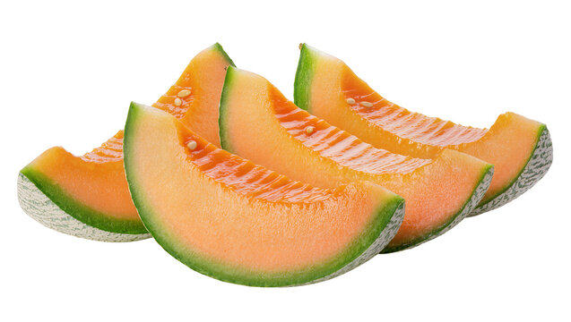 Freshly sliced cantaloupe melon displaying vibrant orange flesh and textured green rind, isolated on transparent background for healthy food promotions