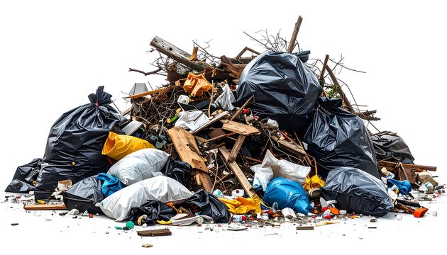 A large, messy pile of assorted trash and debris, including bags, wood, and various discarded items