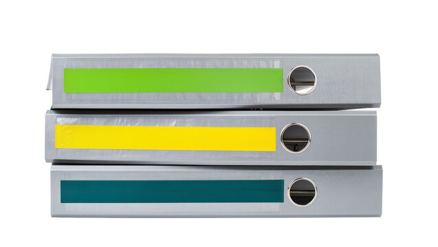 Stacked gray ring binder folders with vibrant green yellow and teal color bands, isolated on transparent background for office supplies