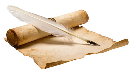 Antique parchment scroll and aged paper sheet resting beside a quill pen and feather, isolated on transparent background for vintage designs © Claudia