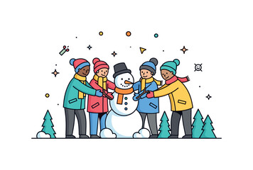 Naklejka premium Group of friends winter outing scene where friends build a snowman together while tiny sparkle and star icons highlight joy, teamwork, and seasonal fun. The