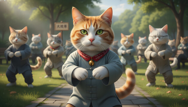 公園でカンフー（拳法）を訓練する可愛いマンチカンの猫たち　強い猫パンチを極めるコミカルな道場