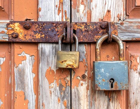 Close-up of weathered wooden doors secured by rusty metal hasps and two aged padlocks. The paint is peeling