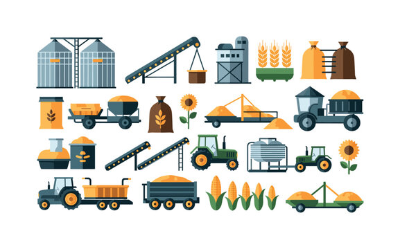 storage icons seamless pattern, repeating pattern, surface design, textile print, modern illustration of grain silos, sacks, conveyors, tractors, storage bins,