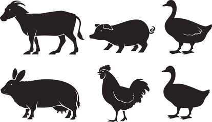 Fototapeta premium A comprehensive vector collection of black farm animal silhouettes featuring a cow, pig, sheep, and chicken designed for agriculture icons and nature illustrations
