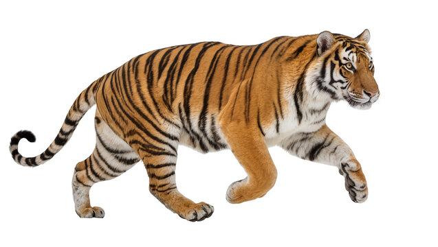 Powerful orange Bengal tiger with distinctive black stripes, gracefully posed and isolated on transparent background for wildlife designs