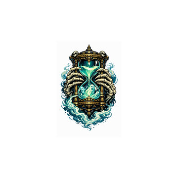 Clessidra gotica retta da mani scheletriche con anime e teschi su sfondo bianco. Generative AI 