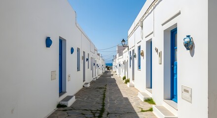 Fototapeta premium Whitewashed Alleyway in Greek Village with Blue Doors and Decorative Vases