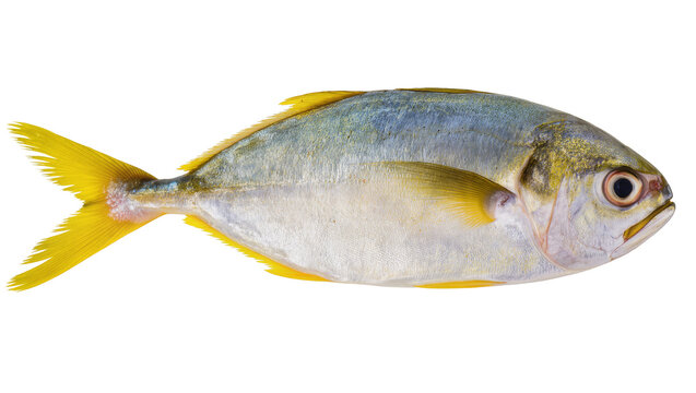 Vibrant yellow-finned trevally fish with silver scales and dark eye, perfectly detailed and isolated on transparent background for seafood menus