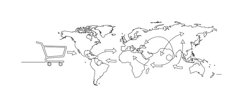 E-Commerce Globalization. Minimalistic one-line drawing shopping cart connected to multiple global locations with arrows, continuous single black line on white