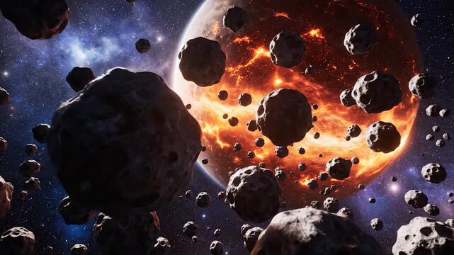 A dense field of rocky asteroids drifts through the vastness of space with a fiery, molten planet looming ominously in the background