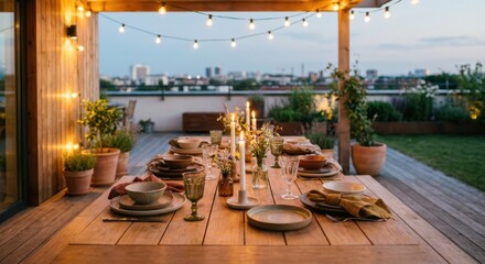 Fototapeta premium Outdoor dinner table set with candles and string lights on a wooden terrace at dusk, creating a warm festive atmosphere. Alfresco dining, celebration, summer evening gathering.