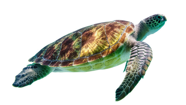 Detailed green and brown sea turtle with textured shell and flippers, gracefully swimming isolated on transparent background for marine life designs