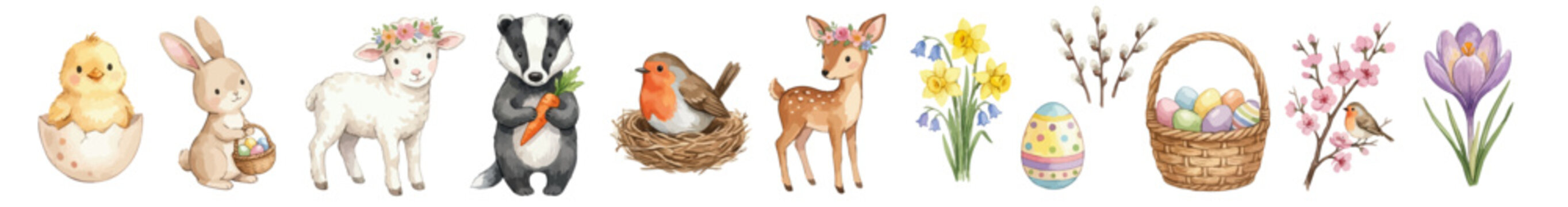 Cute spring animals and floral elements in soft watercolor style, Easter themed nursery collection with pastel colors and gentle design accents. Collection of Vector illustrations. 