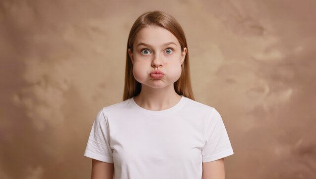Amusing young woman with a surprised expression and comically puffed cheeks creating a humorous and "surreal silliness" moment ideal for conveying shock holding breath or playful exaggeration.