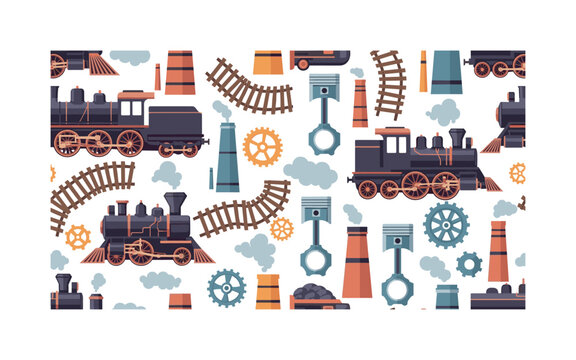 vintage train patterns seamless pattern, repeating pattern, surface design, textile print, modern illustration of steam engines, wheels, gears, smokestacks,