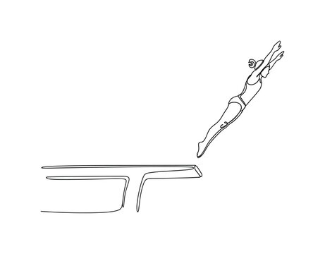 Ambition Jump. Minimalistic one-line drawing individual springing off diving platform, continuous single black line on white background, simple outline style,