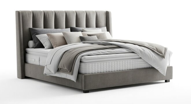 A luxury hotel bedroom interior featuring a comfortable white double bed with pillows, elegant bedding, and a stylish headboard illuminated by a bedside lamp in a modern apartment house