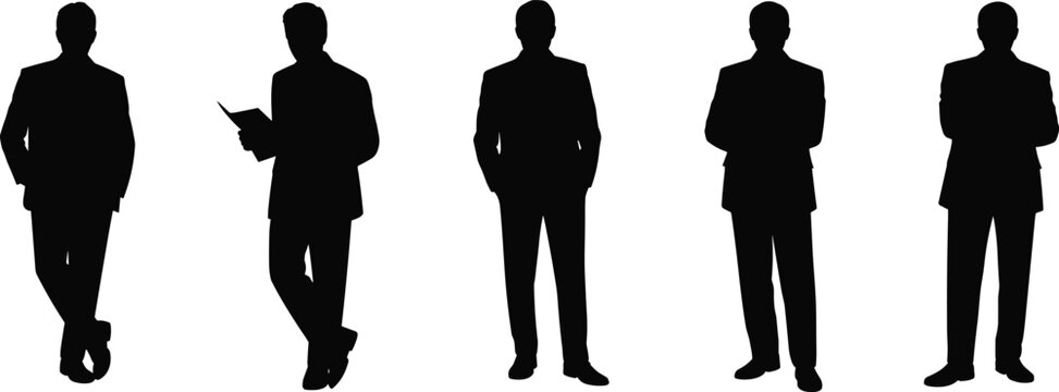 Professional business men silhouettes in formal suits standing in different poses including crossing arms holding a folder and hands in pockets for corporate concepts.