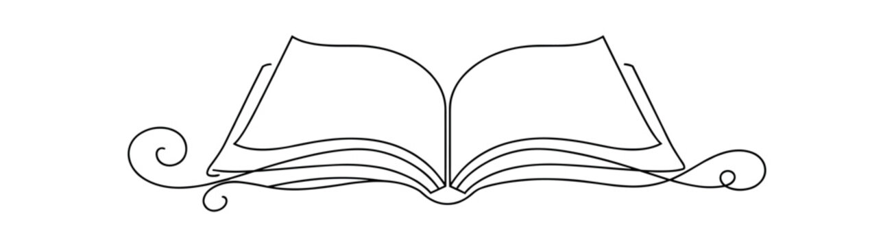 Open book with ornamental swirls like single continious line. book, reading, literature, pages, knowledge, story, library, education. decorative. flat vector illustration isolated on white background.