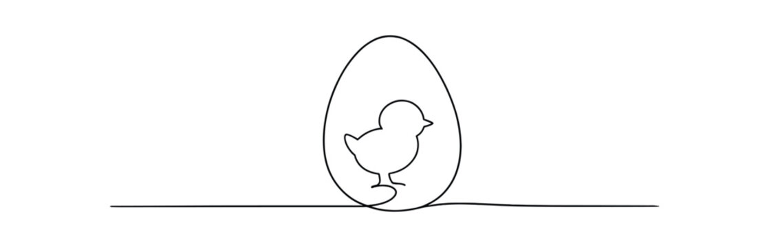 Chick inside egg on a continuous baseline. chick, hatchling, egg, bird, spring, nursery, easter celebration. flat vector illustration isolated on white background.