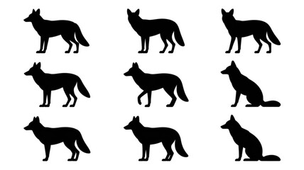 Fototapeta premium Nine black silhouette illustrations of coyotes in various poses Vector