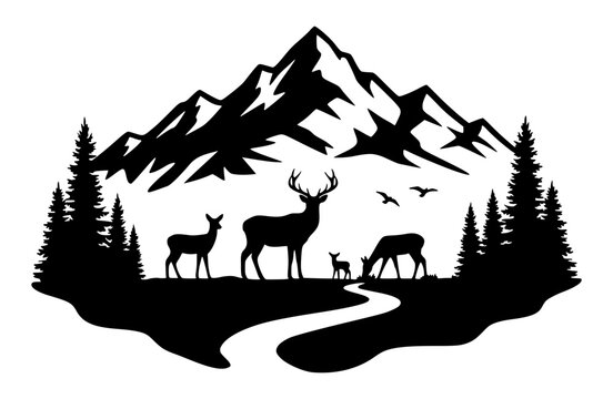 Serene Wilderness Landscape With Family Of Deer By A River Stream, Majestic Mountains And Pine Trees Forest Silhouette Nature Illustration