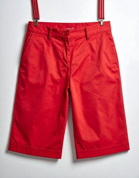 Close-up studio shot of bright red, knee-length, casual shorts suspended by suspenders against a plain white background