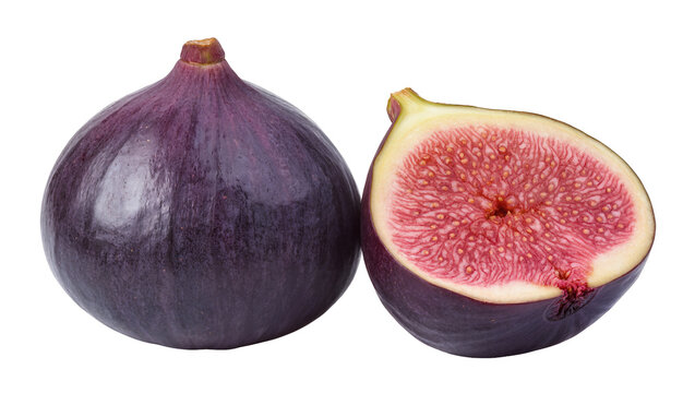 Ripe dark purple fig whole and halved showcasing the vibrant pink interior seeds, isolated on transparent background for culinary designs