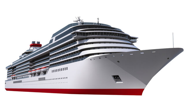 Massive modern cruise ship with multiple decks balconies and red hull, isolated on transparent background for travel advertising
