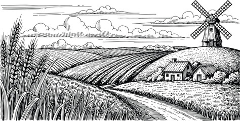 Fototapeta premium Serene Rural Farm Landscape Hand Drawn Pen and Ink Sketch Illustration