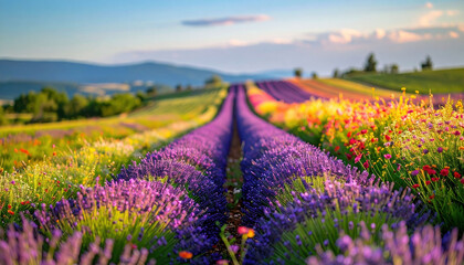 Obraz premium Countryside vacation, summer. Lavender fields in full bloom with vibrant colors and serene landscape