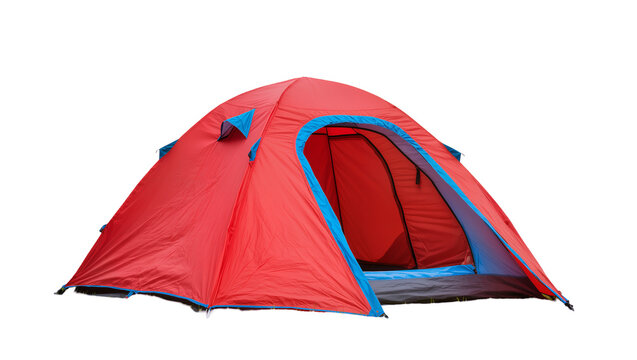 Bright red camping tent with blue trim and mesh window, isolated on transparent background for outdoor adventure graphics