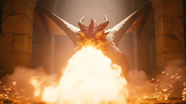 Fantasy dragon breathing fire in ancient stone temple