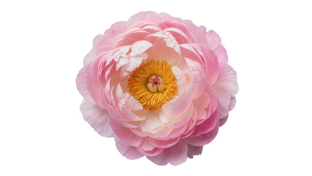 Delicate pink peony flower with ruffled petals and golden stamen, isolated on transparent background for floral design elements