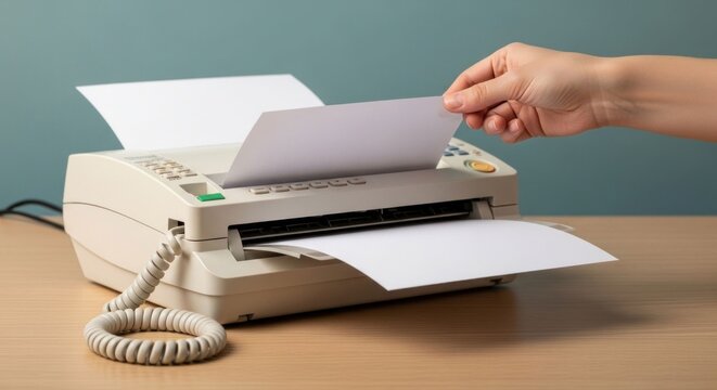 Hand feeding paper into an old-fashioned fax machine on a wooden desk