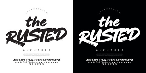 The Rusted display brush font with textured hand drawn alphabet and numbers for urban street style design © Kiki