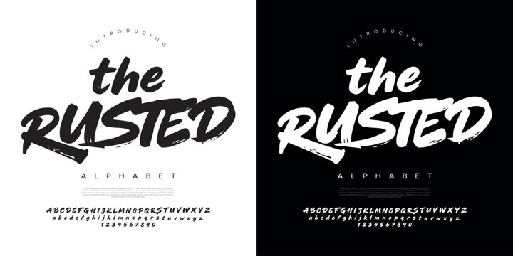 The Rusted display brush font with textured hand drawn alphabet and numbers for urban street style design
