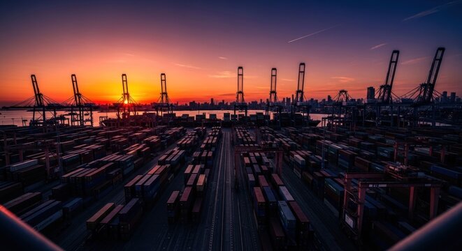 Industrial port at sunset, stacks of containers, cranes silhouetted against sky