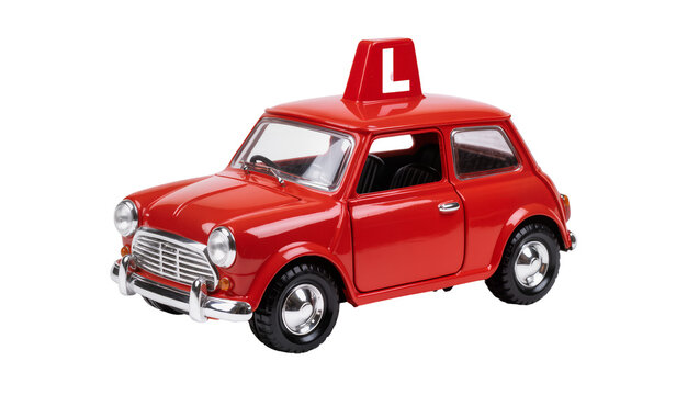 Classic red Mini Cooper toy car with a learner driver L plate on the roof, isolated on transparent background for automotive design projects