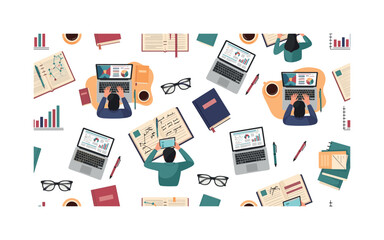 Fototapeta premium academic motifs seamless pattern, repeating pattern, surface design, textile print, modern illustration of people using laptops for research, books, notebooks,