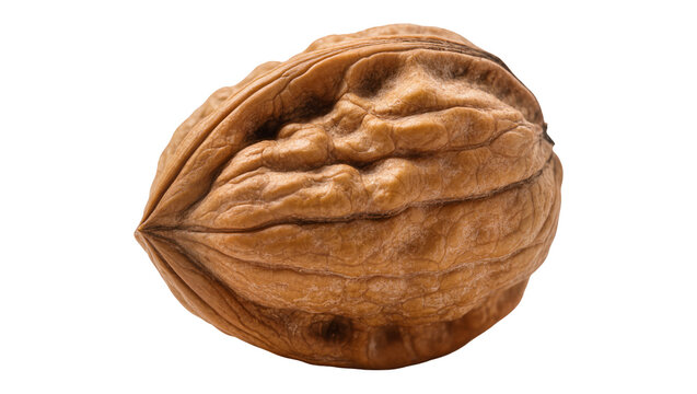 Rough textured brown walnut shell with distinct ridges and grooves, isolated on transparent background for healthy eating concepts
