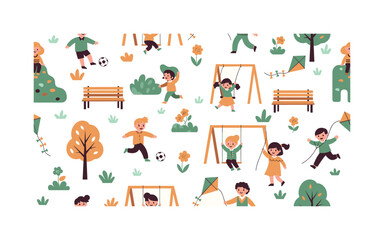 Fototapeta premium playful park patterns seamless pattern, repeating pattern, surface design, textile print, modern illustration of children playing soccer, climbing, running,