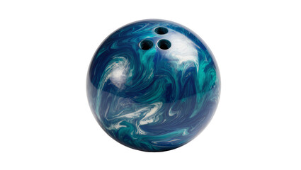 Swirling blue and teal bowling ball with three finger holes, isolated on transparent background for sports marketing and game design © Claudia