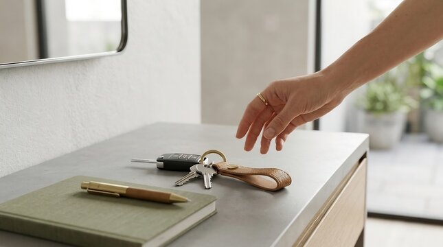 Hand reaching for car keys and notebook on a modern entryway table